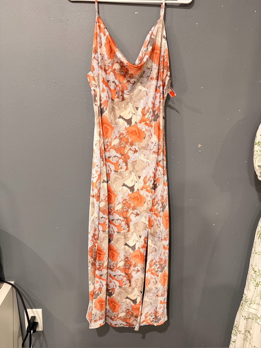 Floral Cowl Neck Maxi Slip Dress in Orange and Cream